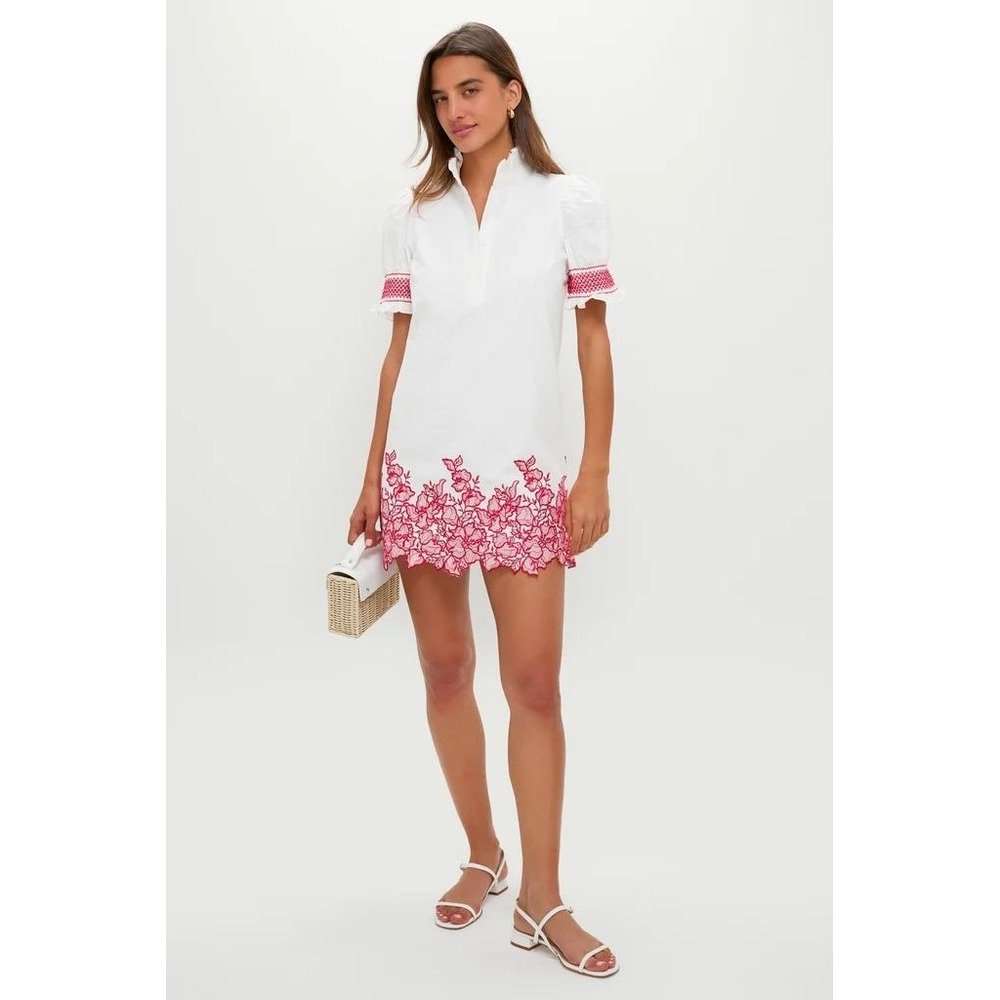 Hyacinth House Eliza Mini Dress White Red Embroidery Smocked Ruffle Neck NWT M - Picture 2 of 16